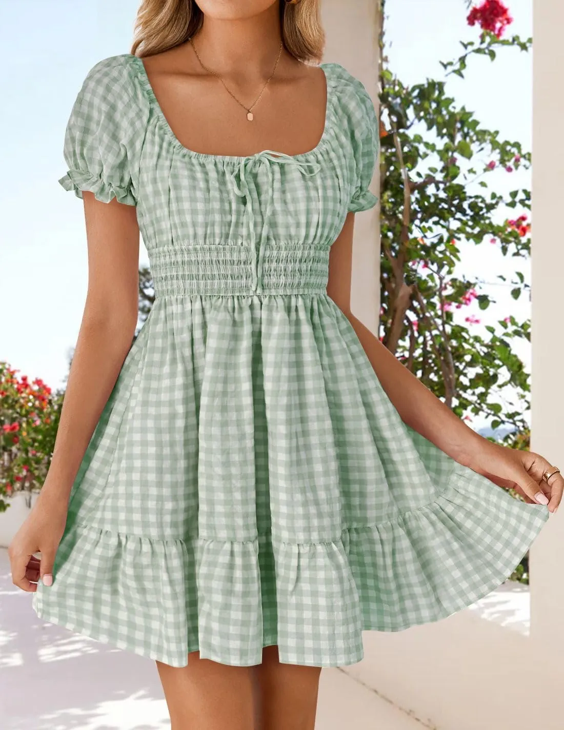 ZESICA Women's 2025 Summer Boho Plaid Mini Dress Square Neck Puff Short Sleeve Ruffle A Line Swing Short Dresses