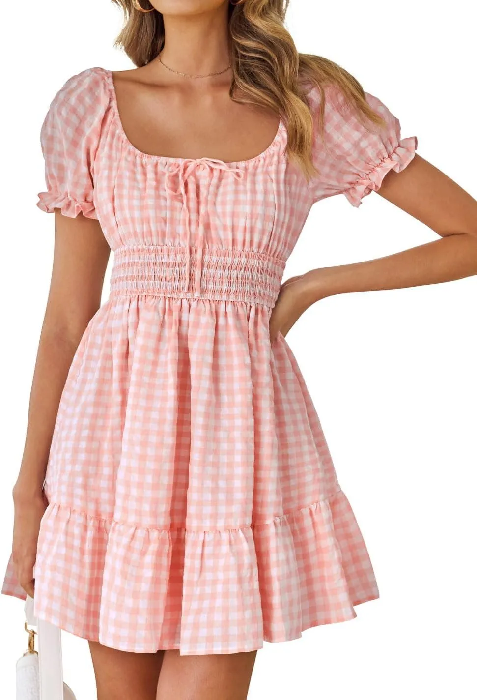 ZESICA Women's 2025 Summer Boho Plaid Mini Dress Square Neck Puff Short Sleeve Ruffle A Line Swing Short Dresses
