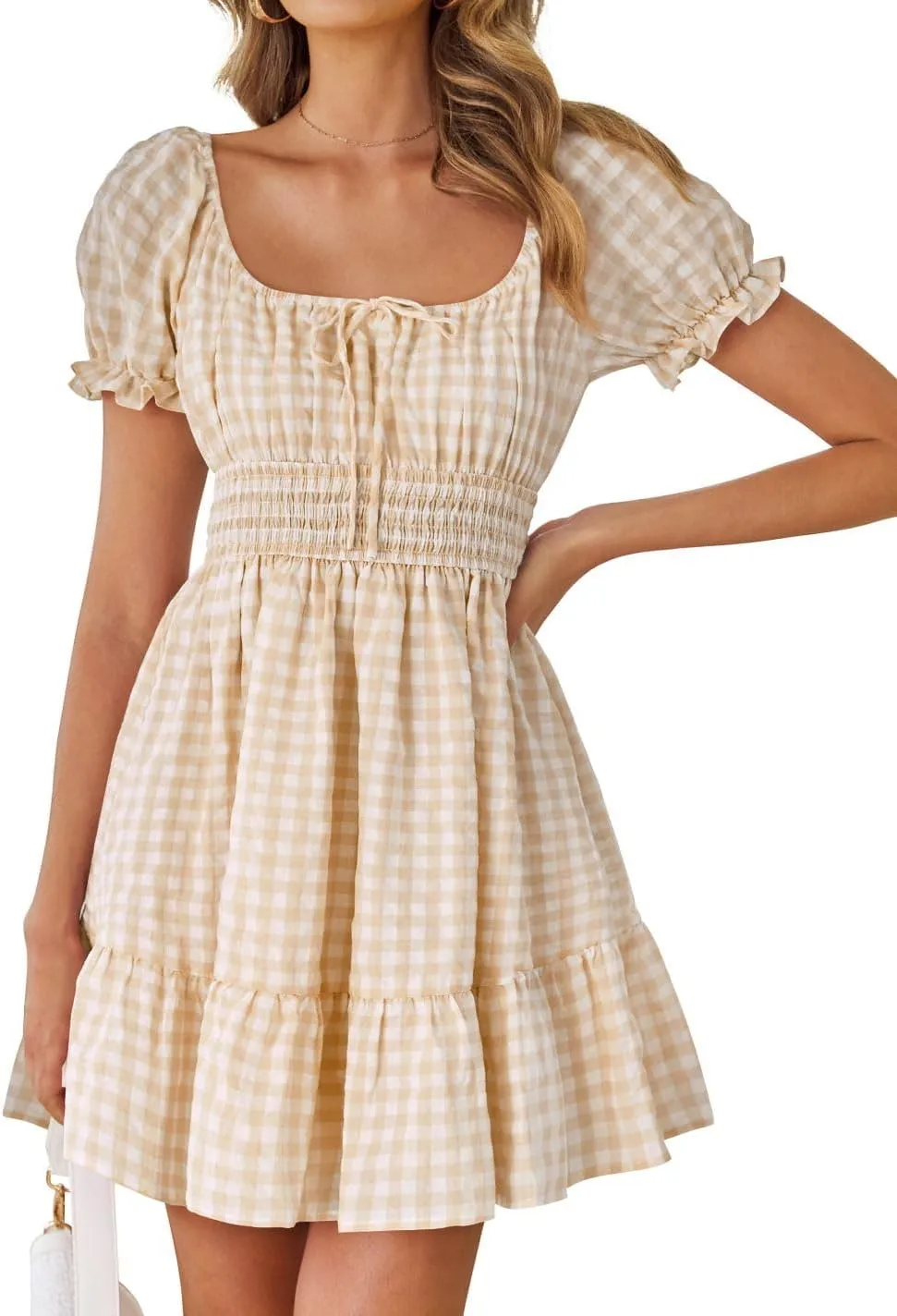 ZESICA Women's 2025 Summer Boho Plaid Mini Dress Square Neck Puff Short Sleeve Ruffle A Line Swing Short Dresses