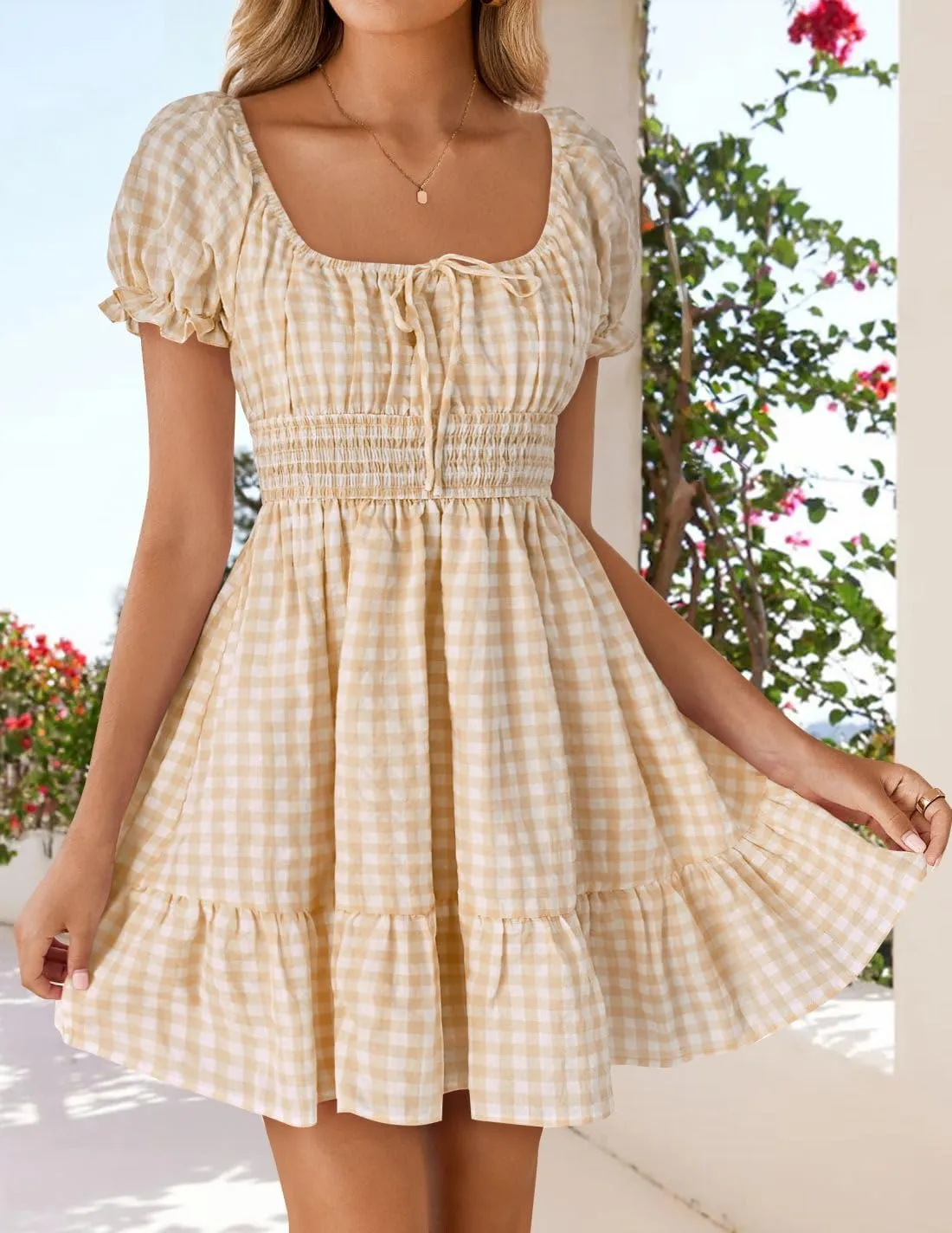 ZESICA Women's 2025 Summer Boho Plaid Mini Dress Square Neck Puff Short Sleeve Ruffle A Line Swing Short Dresses