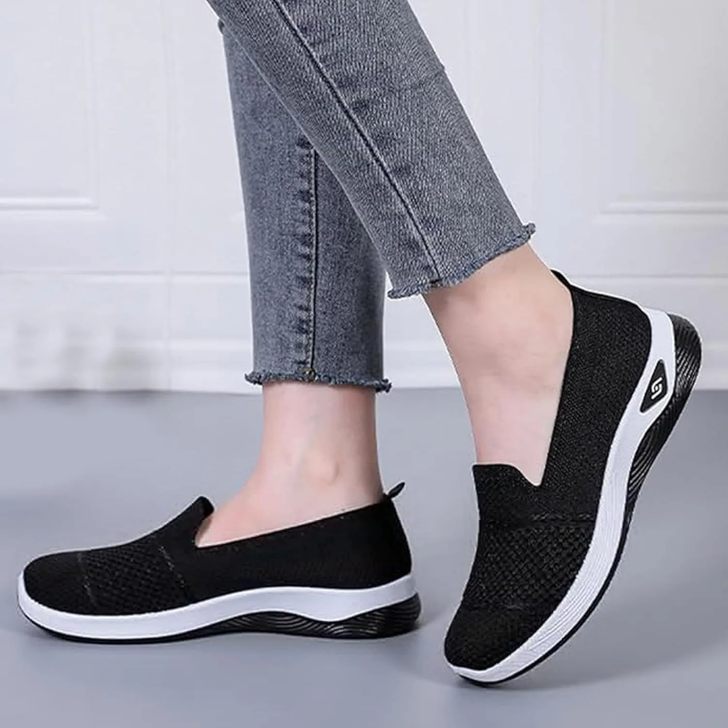 ZWRXW Slip On Orthopedic Sneakers Women Knitted Woven Breathable Soft Shoe Casual Mesh-Comfortable Tennis Shoes Arch Support Diabetic Foam Walking Shoes Workout Athletic Sneakers