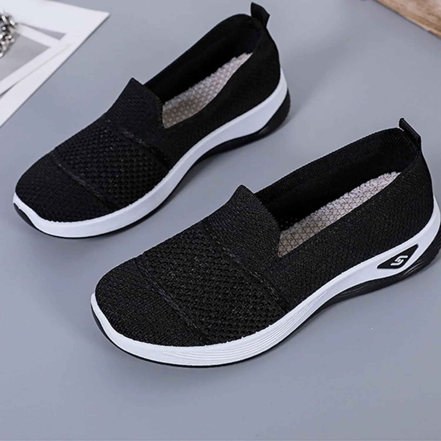 ZWRXW Slip On Orthopedic Sneakers Women Knitted Woven Breathable Soft Shoe Casual Mesh-Comfortable Tennis Shoes Arch Support Diabetic Foam Walking Shoes Workout Athletic Sneakers